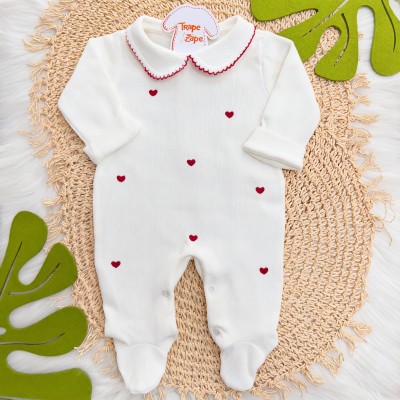  Macacão Tricotil (Tricot 100% Algodão) com Gola e Bordado - Off White Corações 
